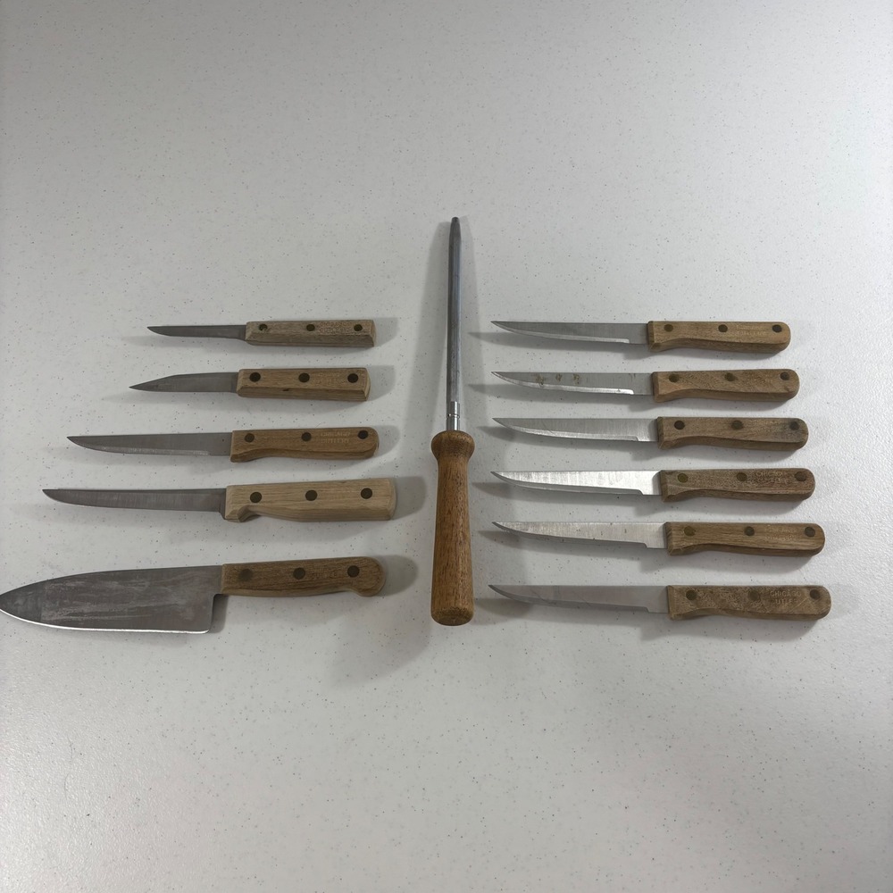 Vintage Chicago Cutlery 12 Piece Knife Set Walnut Wood Handle Sharpening Steel